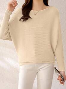 EMERY ROSE Women's Solid Color Round Neck Batwing Long Sleeve Casual Sweater, Autumn - Apricot - View 5
