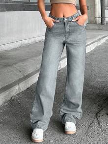 EURMUSE 100%Cotton WOMEN HIGH WAIST STRAIGH VINTAGE WASHING JEANS - Baby Blue - View 3