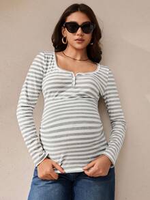 MaterniWear Áo thun bà bầu kẻ sọc đơn giản, phù hợp để mặc hàng ngày - Xám - Xem 5