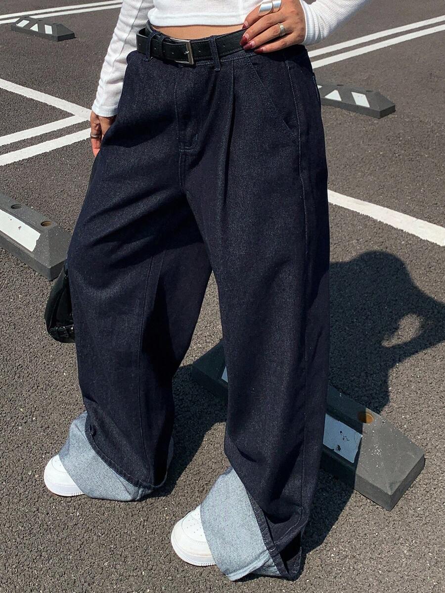 Livesso Women's Autumn Folded Hem Design Jeans - Blue - View 1