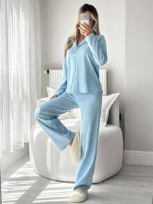 SHEIN PETITE PETITE SIZE Cotton Women 2 Pcs Contrast Colour Star Pattern Button Front Homewear Pajama Set For Ladies - Mint Blue - View 7