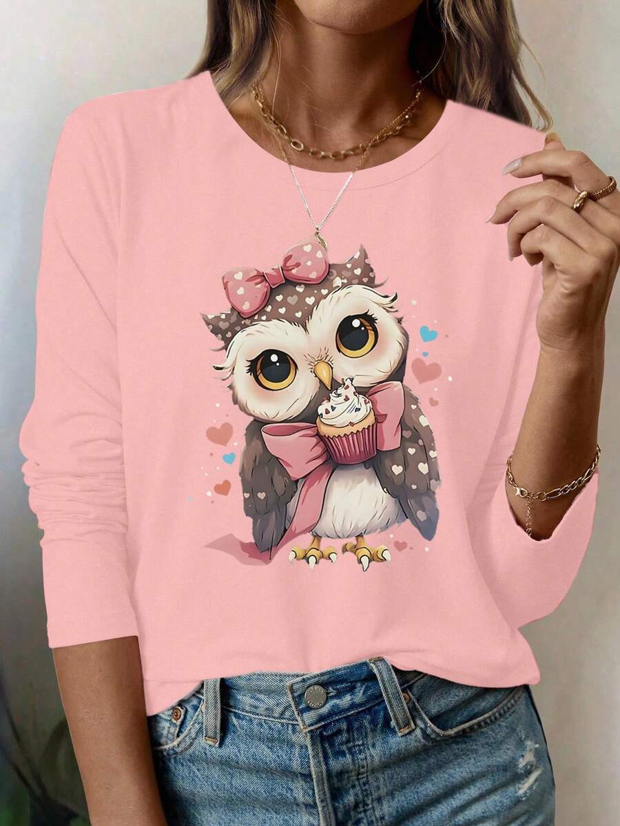 可爱猫头鹰动物印花休闲圆领女式套头 T 恤
