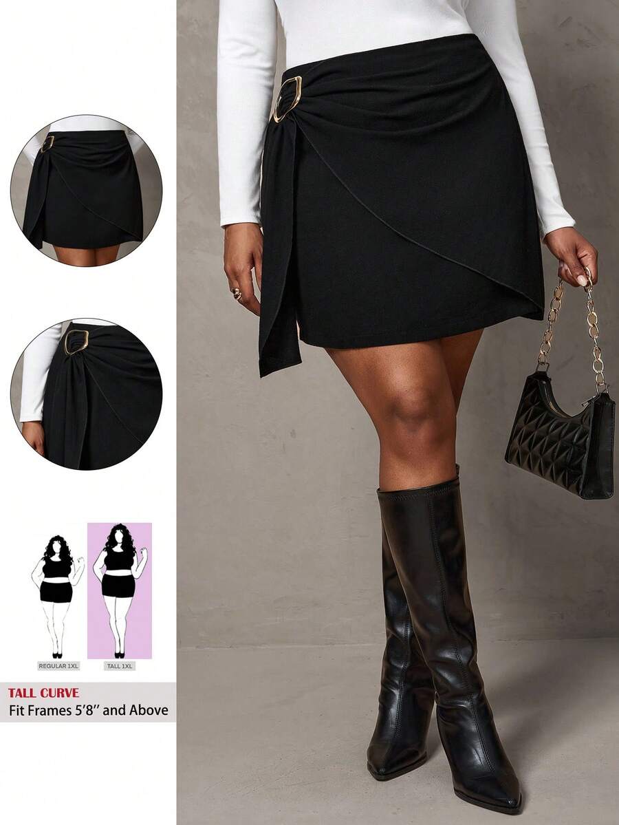 SHEIN Tall CURVE Plus Size Women's Solid Color Metal Decor Pleated Wrap Skirt - Black - View 1