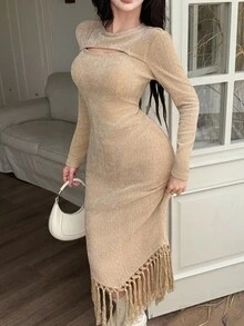 Feyla Women's Round Neck Hollow Out Fashionable Fitted Fringed Dress - Apricot - View 6