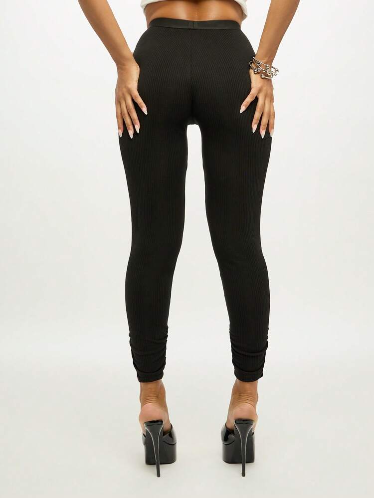 SUMWON WOMEN High Waisted Ribbed Knit Leggings With Branded Waistband