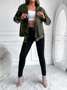 EURMUSE Women's Fashionable Solid Color Jacket With Belt, Autumn - Army Green - View 4