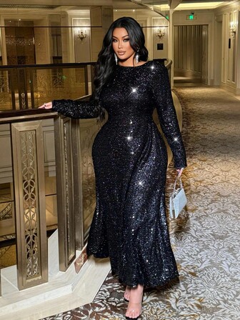 NU&NOW 大码女式纯色圆领长袖美人鱼下摆亮片装饰派对连衣裙