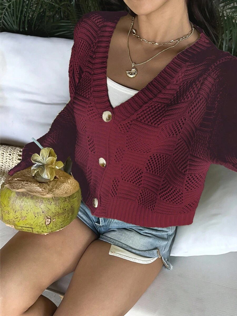 SHEIN LUNE 度假休闲纯色纹理镂空针织开衫 - 酒紅色 - 查看 1