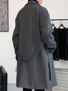 Claim Dot Loose Fit Men's Lapel Collar Drop Shoulder Belted Long Sleeve Overcoat, Fall Winter - Grey - View 2