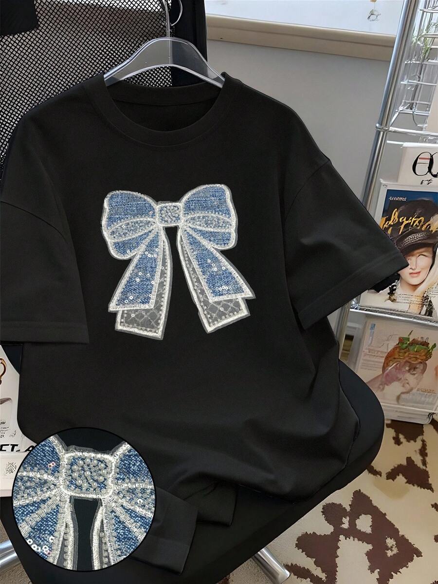 SHEIN 蝴蝶结珍珠装饰休闲宽松大码圆领女式刺绣T恤 - 黑色 - 查看 1
