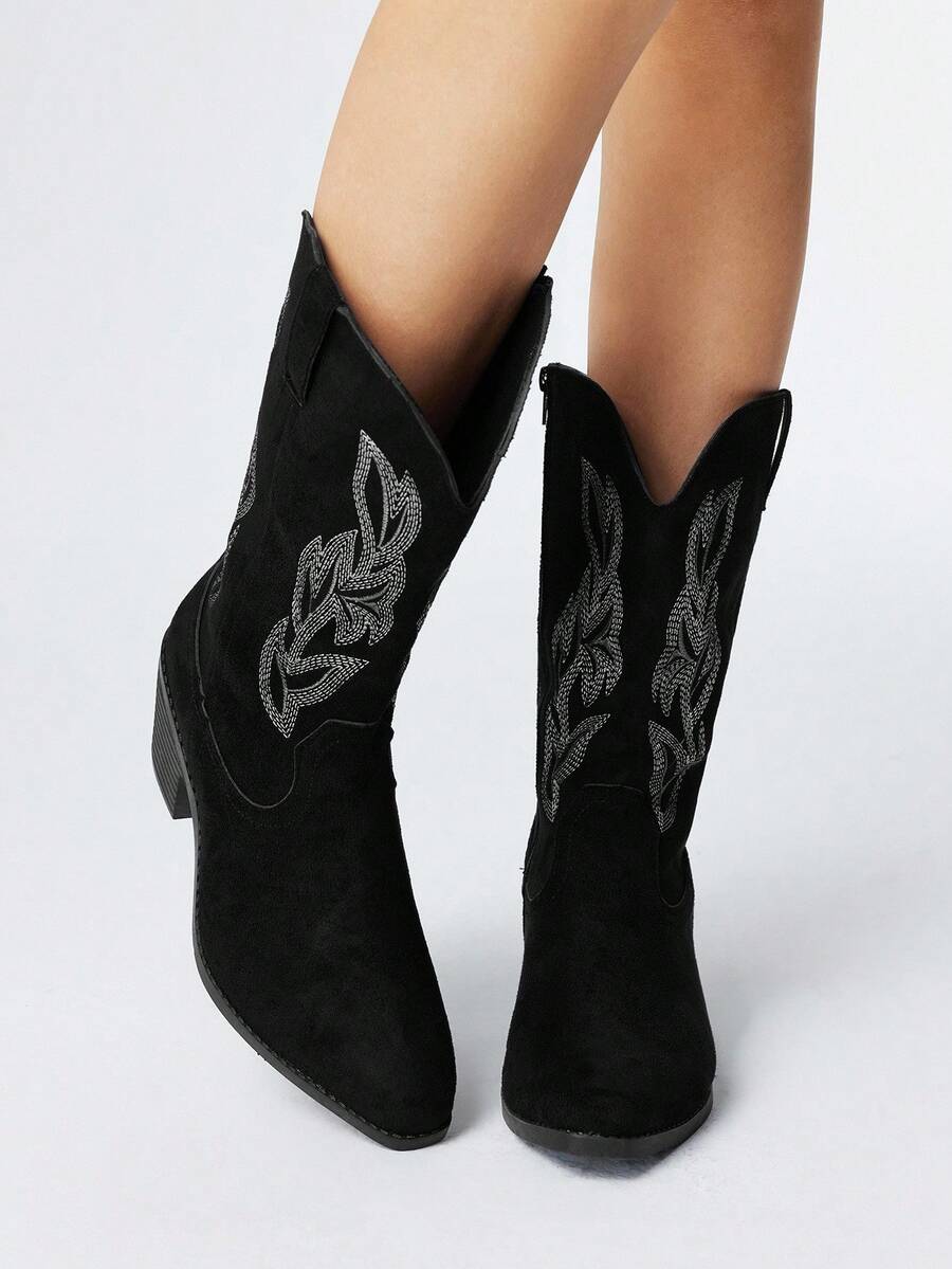 ROMWE Goth 女式黑色尖头一脚蹬刺绣西部靴、粗跟及膝马靴、低跟摩托车靴 - 黑色 - 查看 1