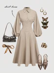 SHEIN MOD Váy sơ mi kaki cổ điển thường ngày, dài đến giữa bắp chân, tay dài, cổ chữ V - Hoàn hảo cho các buổi hẹn hò, tiệc tùng và ngày lễ, phù hợp với phong cách phương Tây, trang phục công sở, đi làm - Màu Khaki - Xem 3
