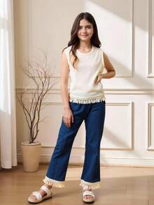 2pcs Tween Girl Cute Girl Fashion Tasseled Sleeveless Top & Denim Shorts Set, Suitable For Beach Vacation, Spring/Summer - Multicolor - View 8