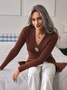 Louniche Cárdigan de mujer elegante y ajustado con botones de metal minimalistas - Café integral - Ver 5