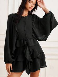 EMERY ROSE Women's Autumn/Winter New Lantern Sleeve Solid Coffee Color Loose Round Neck Versatile Button Layered Ruffle Hem Long Sleeve Flowy Mini Dress - Black - View 3