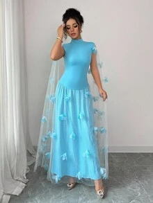 Rafferiza Women's Elegant Summer Light Blue Floral Mesh Mermaid Dress, Long Party Dress For Wedding Guest Dinner,Holiday Vacay Vibes Fall Outfits - Blue - View 7