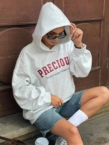 DAZY Sudadera con capucha de estilo callejero holgada con estampado de letras, sudaderas con capucha de invierno para mujer - Gris Claro - Ver 6