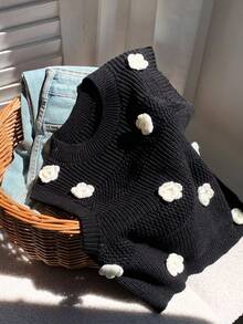 Comfortcana Women's Casual 3D Floral Decor Round Neck Knitted Vest, Autumn