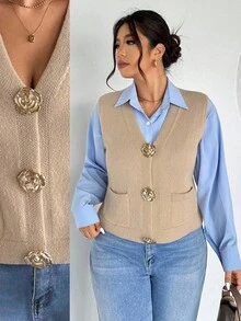 Firerie Plus Size New Arrival Early Spring Korean Style Loose Metal Buckle Luxury Fashion Women Knitted Sweater Vest Sweater Vest For Women Sleeveless Sweater Vest Women Vest Light Brown Sweater Vest Vest With Rose Buttons In Fall/Winter - Khaki - View 1