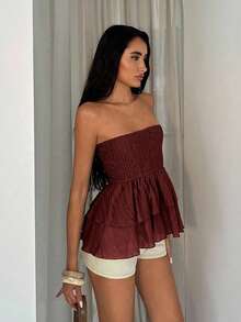 Glamine Textured Pleated Fabric Elastic Bandeau Top With Ruffle Hem Tube Top Shirred Tube Top - Redwood - View 6