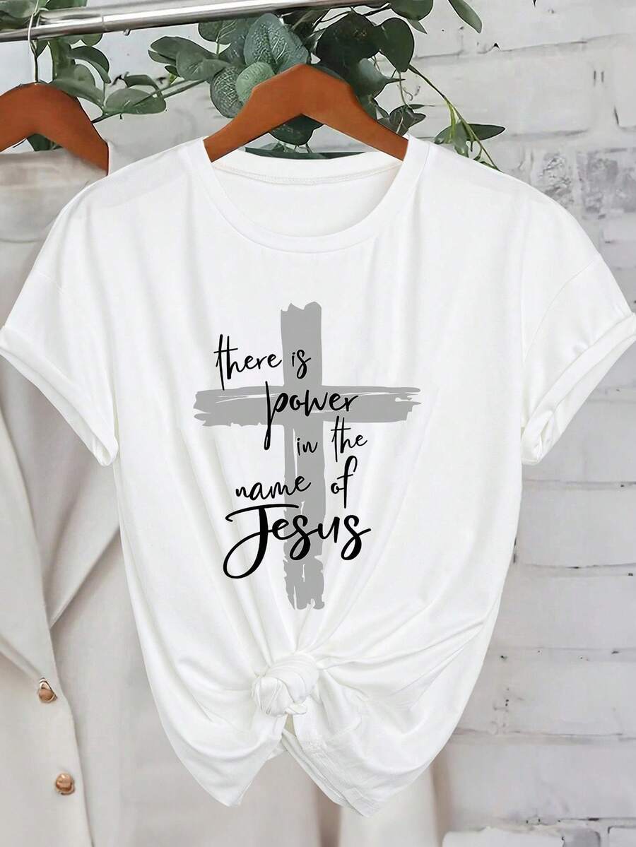 SHEIN LUNE 女式圆领短袖字母印花休闲上衣，日常穿着图案 T 恤女式上衣 - 白色 - 查看 1