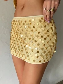Aloruh 女士亮片迷你裙，适合派对和节日穿着 - 金色 - 查看 5