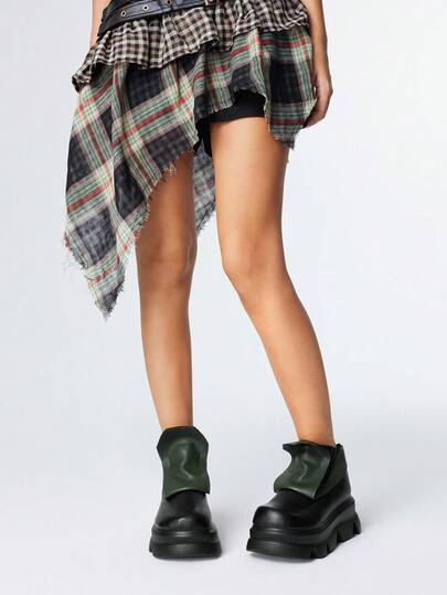 Grunge Punk 2pcs Women's Platform Vintage Color Block Slip-On Shoes, Leather-Like Material, Fashion Versatile Elevator Shoes For Petite, Spring/Autumn 2025