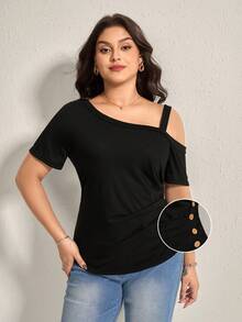 Comfylo Plus Size Summer Casual Solid Color Asymmetric Collar Ruched T-Shirt Business Casual Fall Clothes Plus Size Business Casual Fall Clothes Plus Size - Black - View 2