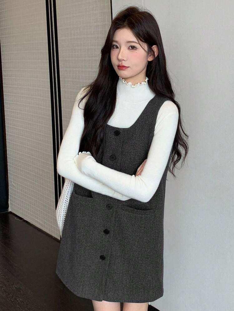 Women's Casual Solid Color Front Button Sleeveless Mid-Length Dress, Autumn/Winter Maxi Dress