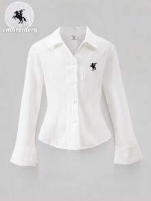 Elladie kids Tween Girls' Spring/Summer/Autumn Casual Fashion New Long Sleeve Shirt, Horse Embroidery Pattern, Woven Fabric With Texture, Lapel Collar, Simple White Button, Solid White Long Sleeve Shirt, Suitable For Spring/Summer/Autumn Back To School Season, Korean Minimalist Gentle Lady Elegant, Daily, Back To School, Outing, Travel, Vacation, Photo Shoot Fall Winter - White - View 3