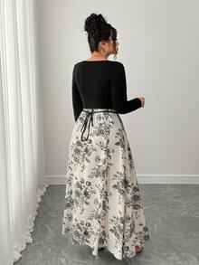 SHEIN Elenzya 大码女装新款优雅浪漫方领连衣裙，复古优雅，下半身水墨印花拼接，女装优雅修身方领长袖腰带拼接中国风印花长裙