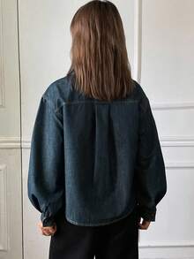 DAZY Chaqueta vaquera casual de manga larga, cuello alto, corte holgado y efecto desgastado para mujer, otoño - Azul - Ver 2
