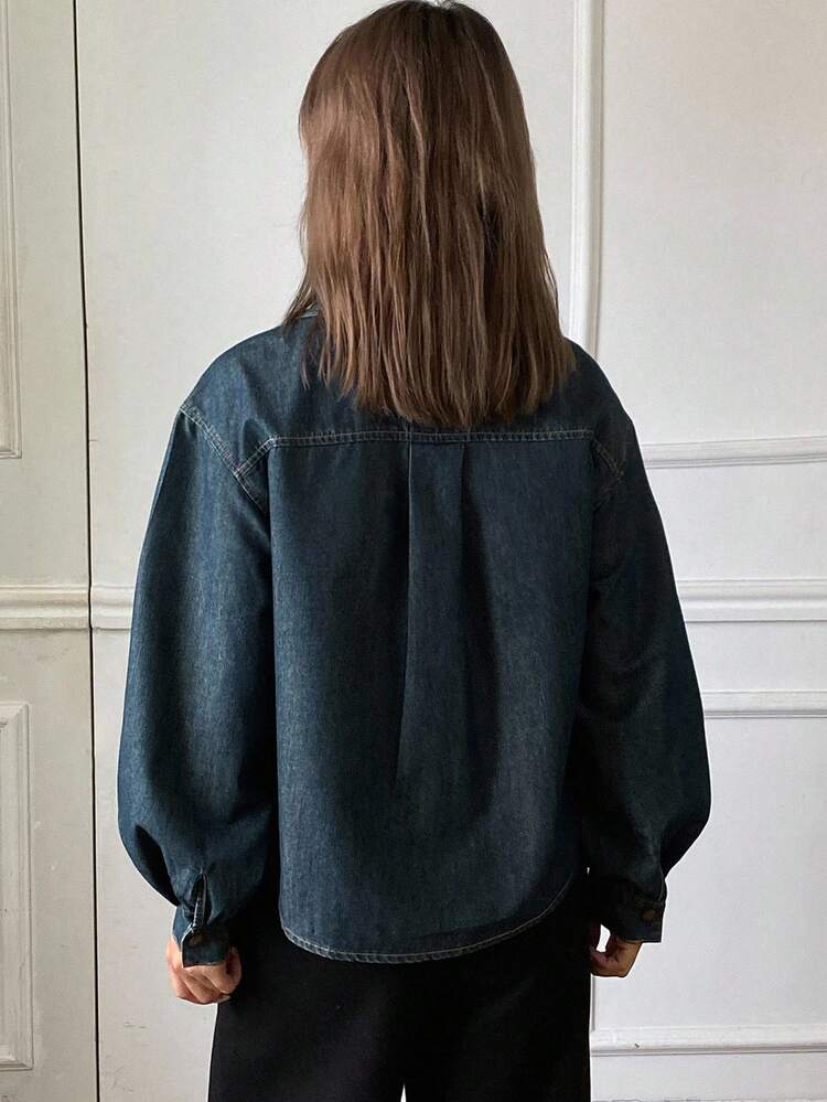 Women's Distressed Washed Cowboy Style Loose Fit High Neck Long Sleeve Casual Street Denim Jacket, Autumn