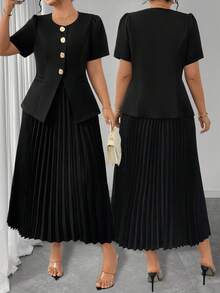 Elenzga Plus Size Women Metal Button Decor Round Neck Top And Pleated Skirt Elegant 2 Pieces Set