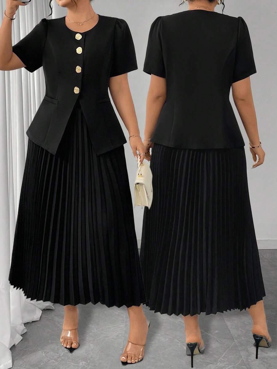 Elenzga Plus Size Women Metal Button Decor Round Neck Top And Pleated Skirt Elegant 2 Pieces Set