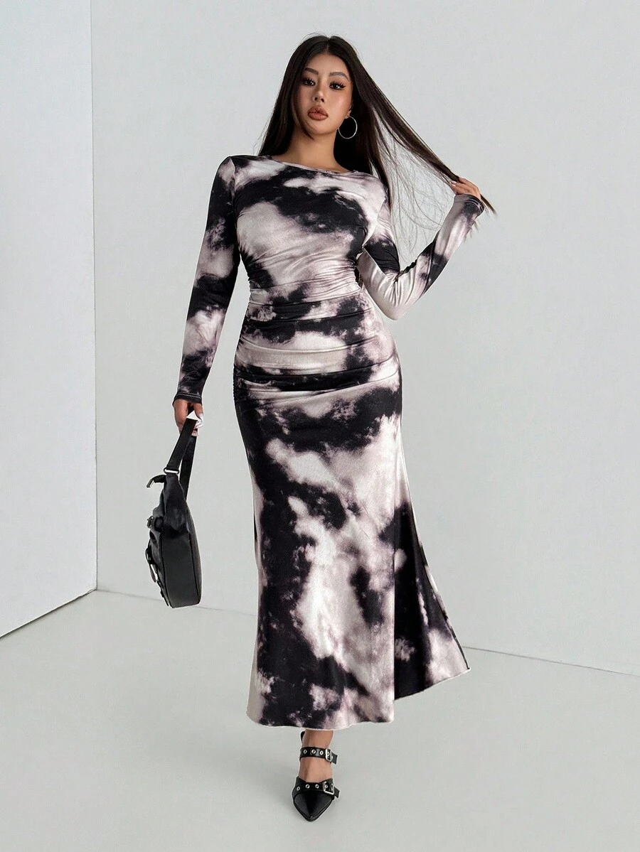 Aidyla Women's Autumn Knitted Tie Dye Print Long Sleeve Bodycon Elegant Going Out Date Vintage Style Maxi Wrap Dress, Black Fall Cloth For Women