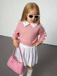 Áo vải dệt kim màu hồng thời trang thu đông cho bé gái, cổ trắng, thêu hình bướm, viền tay, kết hợp với chân váy xếp ly màu trắng, bộ 2 món, thích hợp mặc hàng ngày, đi chơi, du lịch, tiệc tùng - Nhiều màu - Xem 4