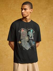 HARRY POTTER X SHEIN 男士休闲宽松动物徽章印花落肩黑色T恤，夏季 - 黑色 - 查看 5