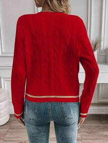 SHEIN PariChic Women's Contrast Color Minimalist Everyday Long Sleeve Knit Cardigan - Red - View 2