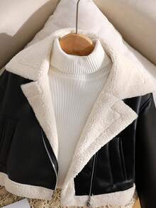 SHEIN Kurtka-płaszcz dla dziewcząt w stylu casual street chic w stylu motocyklowym z metalowym zamkiem błyskawicznym, z podszewką z poliuretanu, z polaru kompozytowego, z krótkim rękawem i klapami, ze sztucznego futra, w kolorze czarnym, na jesień/zimę