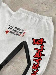 SHEIN 青少年男孩休闲简约 Y2K 拼色嘻哈英文字母星星图案宽松连帽衫和喇叭裤两件套，适合秋冬季 - 彩色 - 查看 5