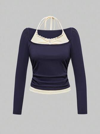 ROMWE Avant Camiseta de manga larga con cuello alto de color contrastante