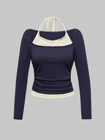 ROMWE Avant تي شيرت بأكمام طويلة وياقة مزيفة متباينة الألوان