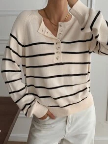 DAZY Casual Striped Sweater For Women, Round Neck, Slimming, Versatile, Autumn/Winter - Beige - View 7