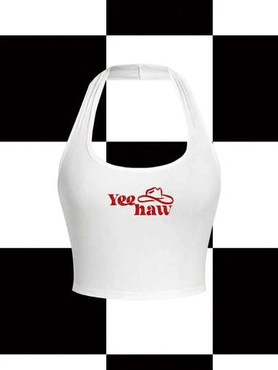 Y2Kool Morgan Mondays Co Artist Retro Street Women Casual Tight-Fitting Halter Top Suitable For Summer, Holiday, Vacation, Beach, Going Out, Festival, Ibiza Fits, Western Wear Autumn Matching Idea Party Top