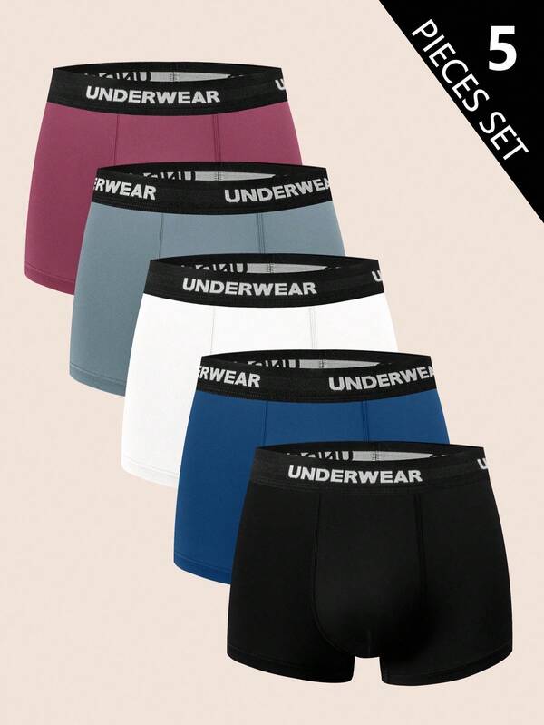 SHEIN 5pcs/Pack Retro Multicolor Waistband Letter Knitted Solid Color Boys' Boxer Briefs Teen Boys Pack Boxers Boys Brief Undwear