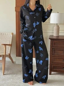 DAZY Women Butterfly Print Pajama Set, Fall Clothes - Black - View 7