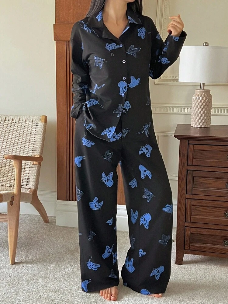 Women Butterfly Print Pajama Set, Fall Clothes