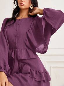 EMERY ROSE Women's Autumn/Winter New Lantern Sleeve Solid Coffee Color Loose Round Neck Versatile Button Layered Ruffle Hem Long Sleeve Flowy Mini Dress - Purple - View 7