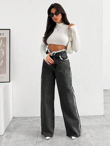 EURMUSE HIGH RISE WIDELEG JEAN WITH FRAYED POCKET - Light Grey - View 3